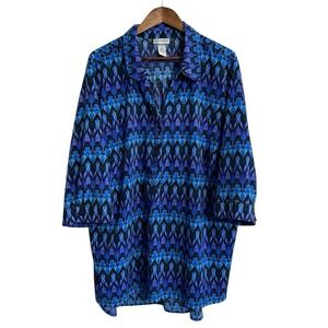 Catherine's popover top 3X blue abstract ikat colorful loud business casual